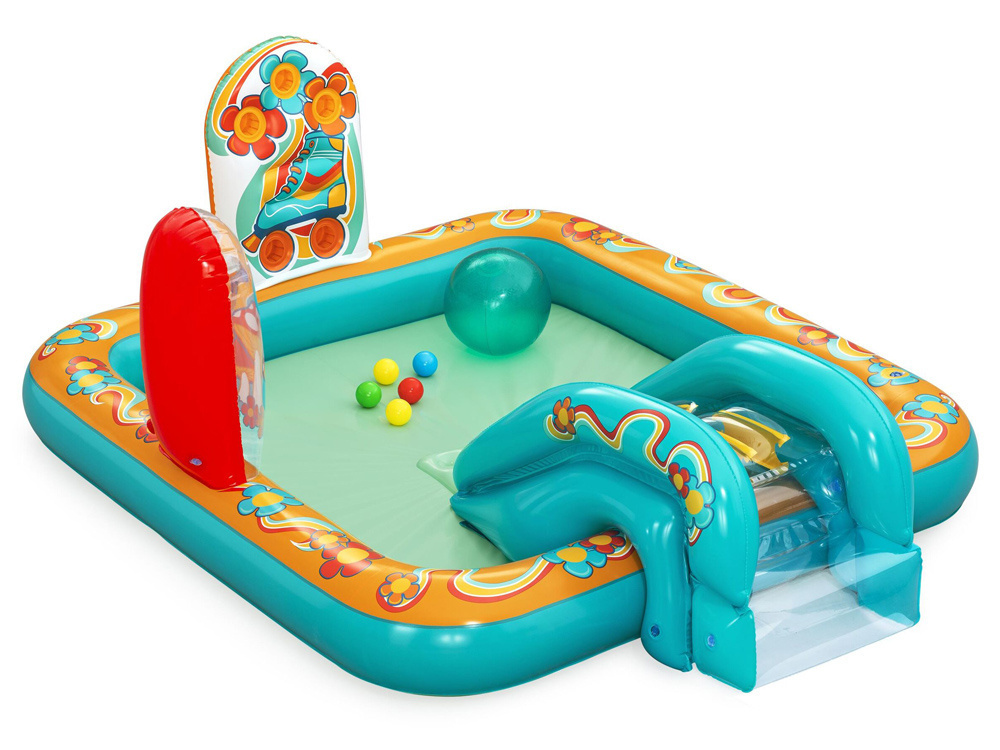 Bestway Dmuchany plac zabaw RETRO Zjeżdżalnia + zraszacz + piłki 53164