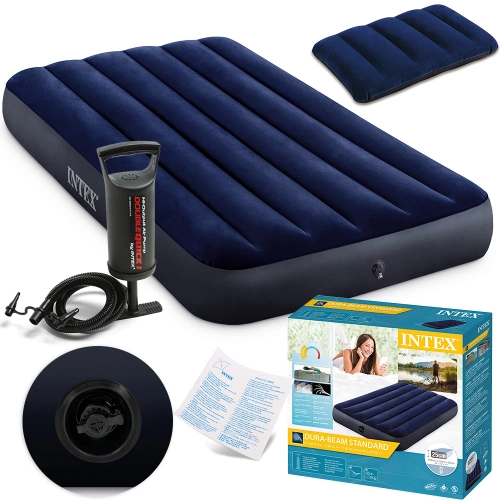Materac dmuchany welurowy 99x191 cm Intex 64757+ pompka 68612 + poduszka 68672