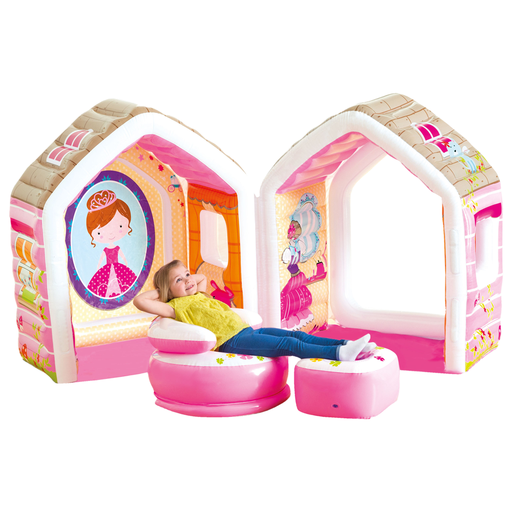 Domek dmuchany z pufami dla dzieci rozkładany plac zabaw księżniczki INTEX 48635